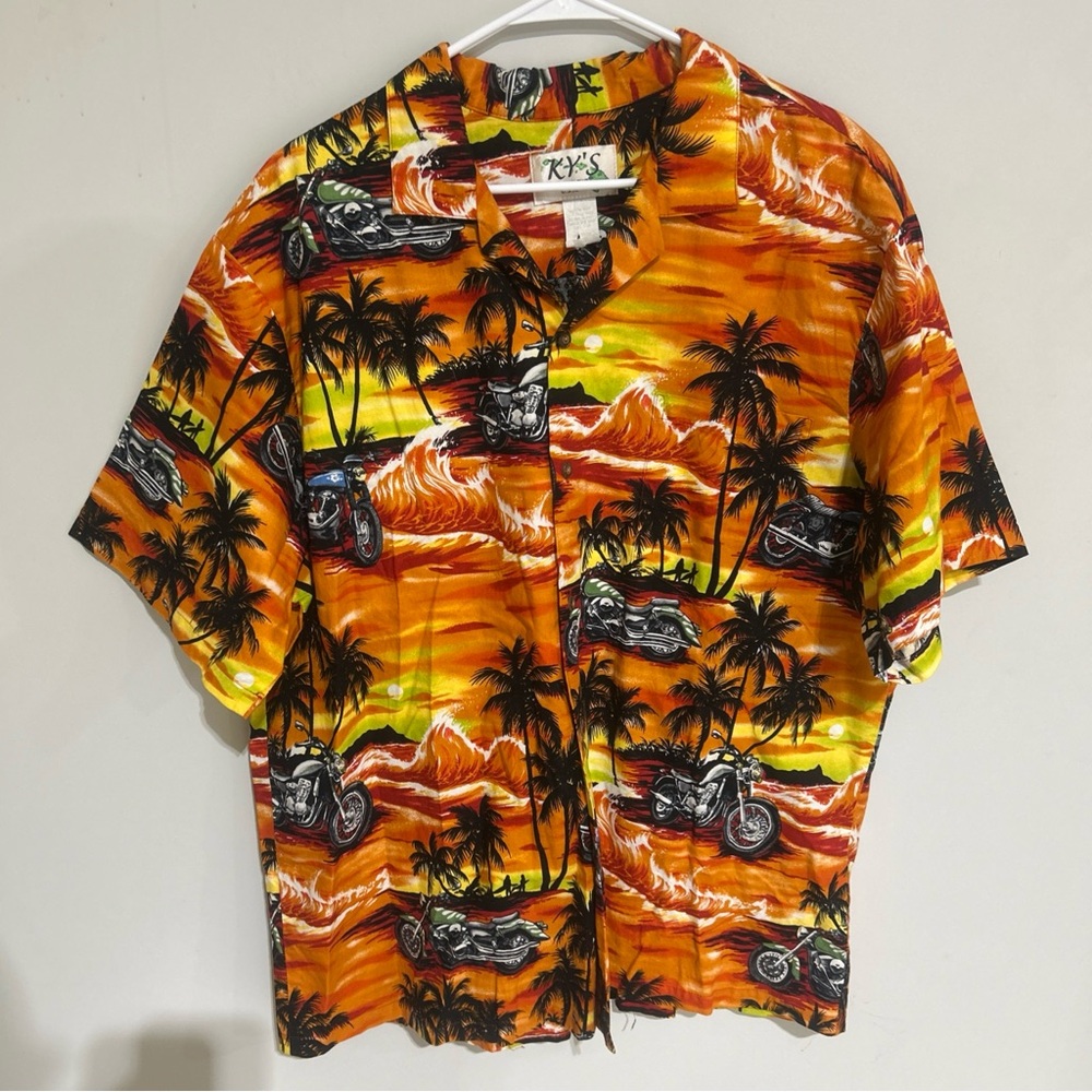 Ky's Vintage Tropical Hawaiian Shirt MOTORCYCLES Button Down Short Sleeve XXL.